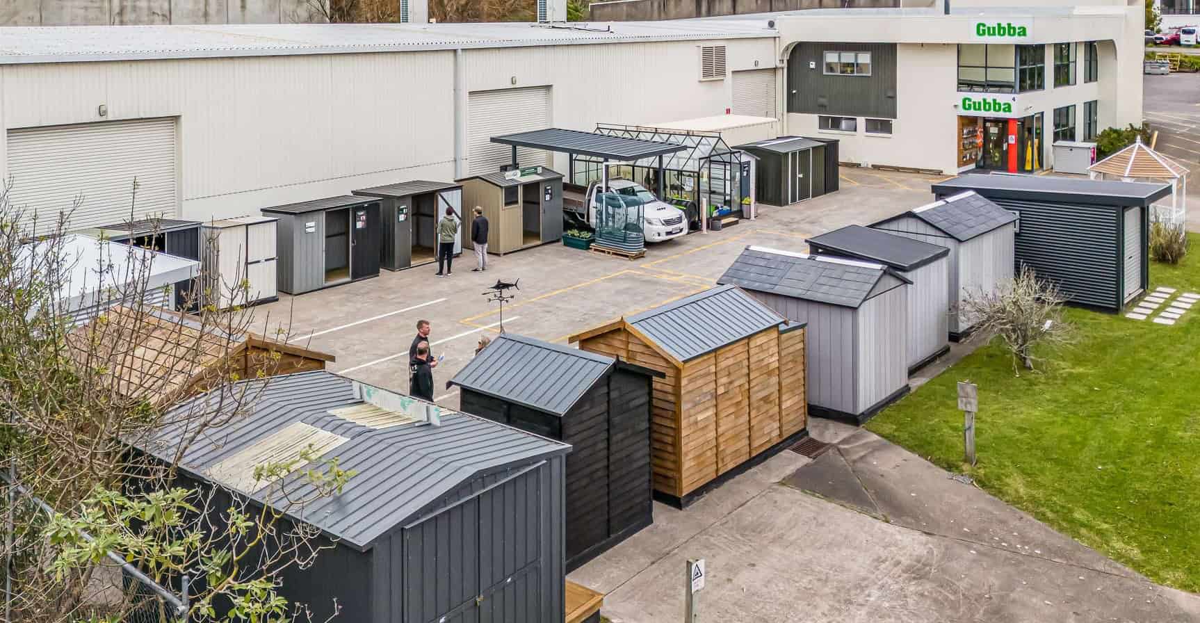 Gubba Garden Sheds display yard - 25+ sheds in Albany, Auckland.